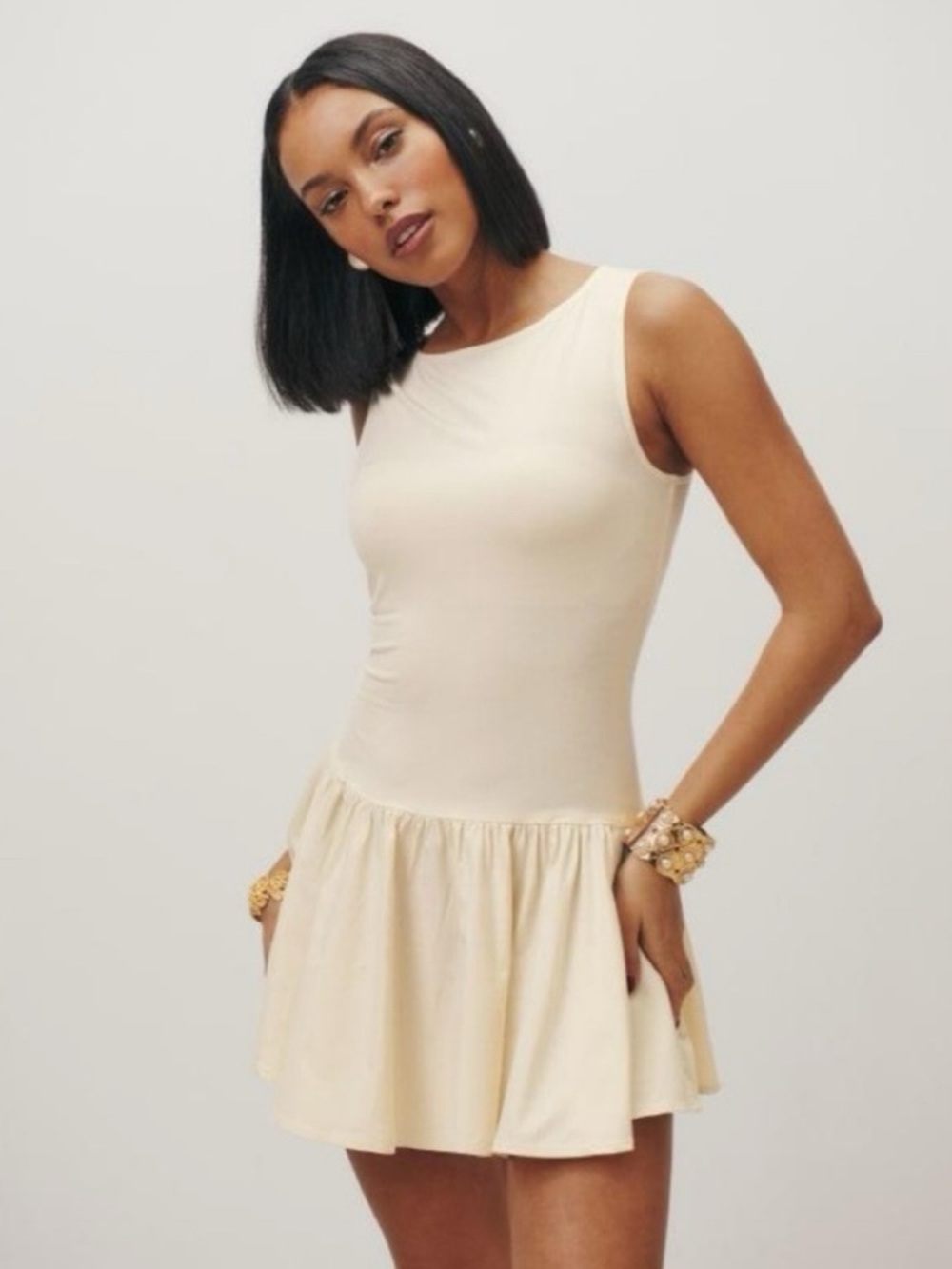 Reformation Cream Sleeveless Drop-Waist Mini Dress - size XL